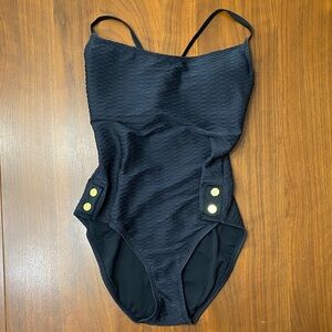 Bleu Rod Beattie Black Textured One Piece Swimsuit with Gold Button Accents